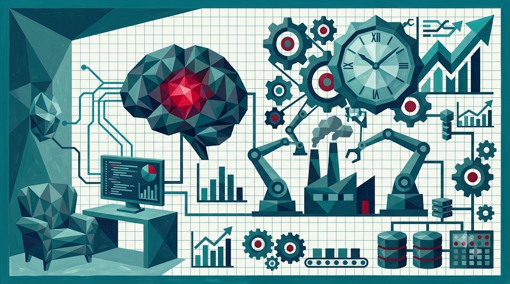 Ilustración de automatización industrial con IA: un cerebro conectado a maquinaria y brazos robóticos, un ordenador con datos y gráficos de productividad